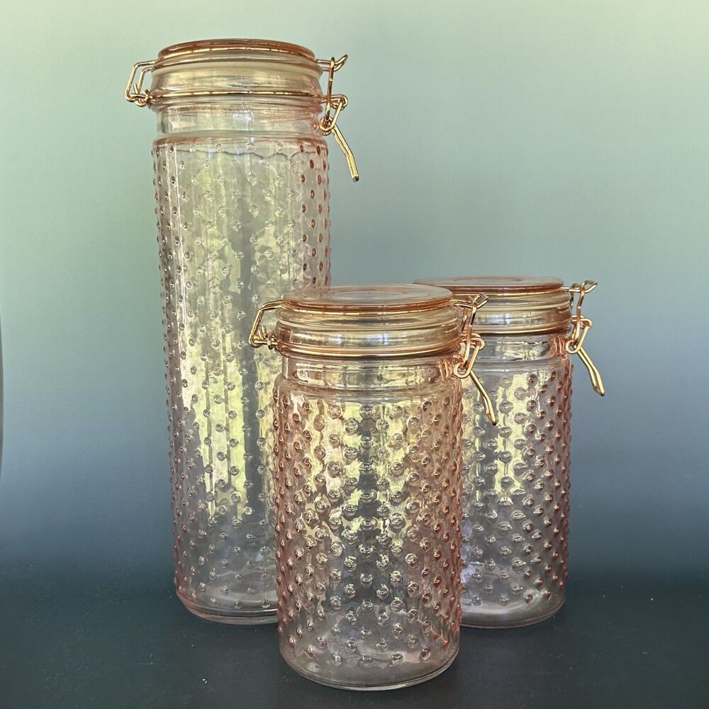 Pink Hobnail Glass Canister Set 3 Pc Rose Apothecary Farmhouse Pantry Jars